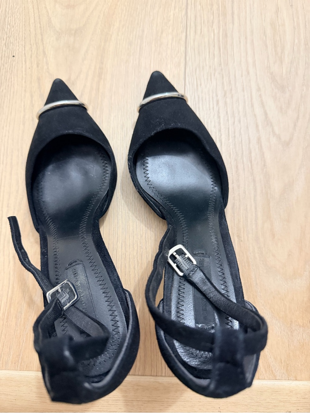 Alexander Wang Black Pointed Toe Ankle Strap Heels with Silver Accent